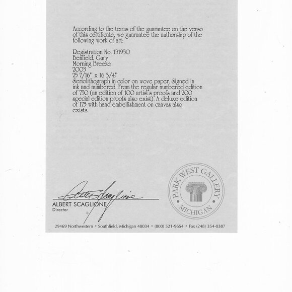 Unframed "Morning Breeze" by Gary Benfield Giclee Appraised $1,580 - Picture 5 of 9